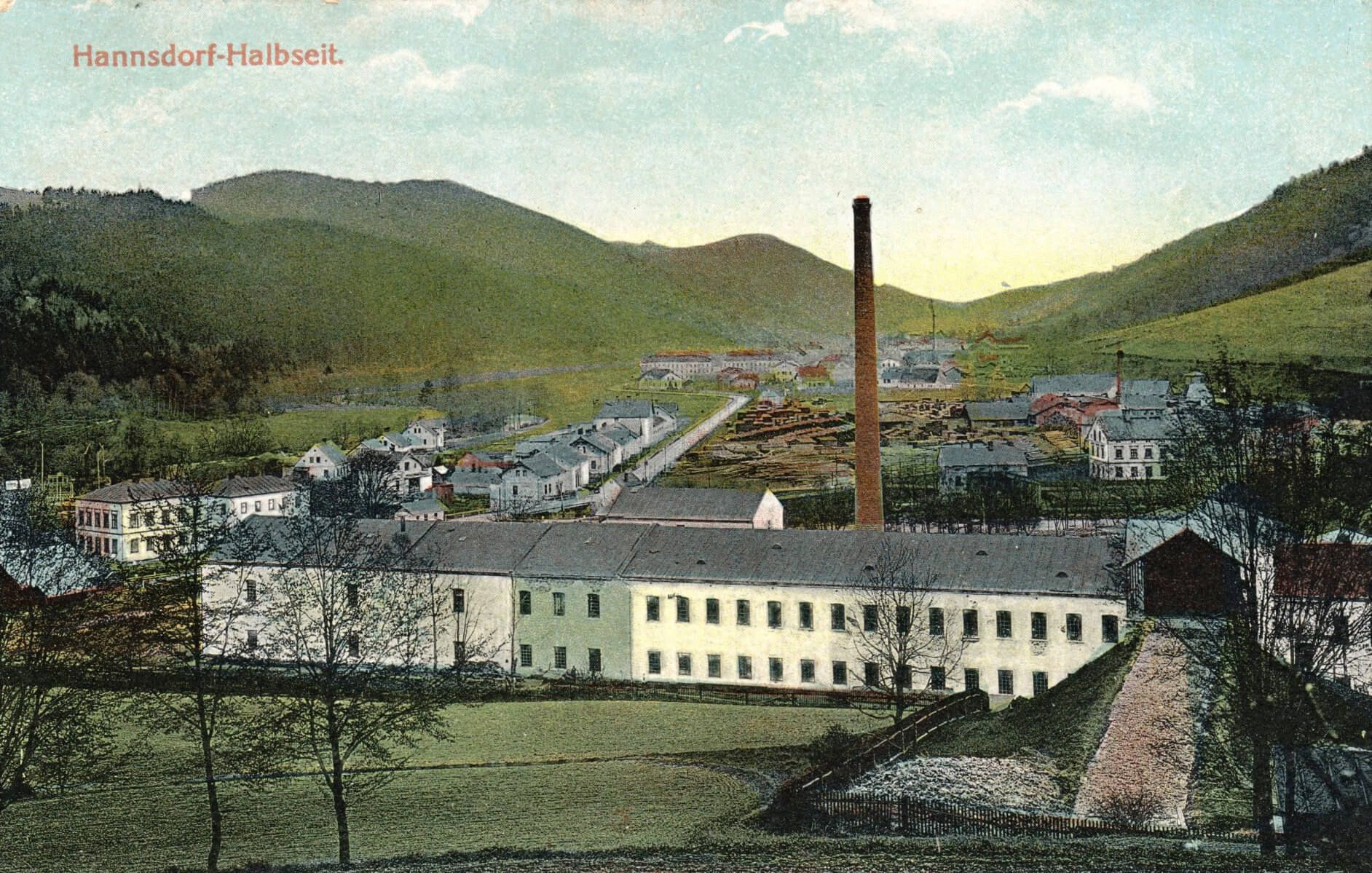 Přádelna lnu v Hanušovicích – pohlednice, kolem roku 1900, foto Václav Jokl