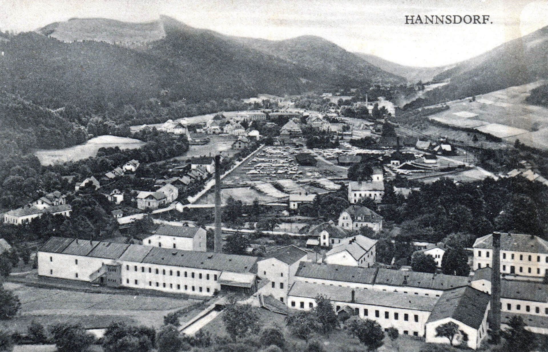 Přádelna lnu v Hanušovicích – pohlednice, kolem roku 1910, foto Václav Jokl